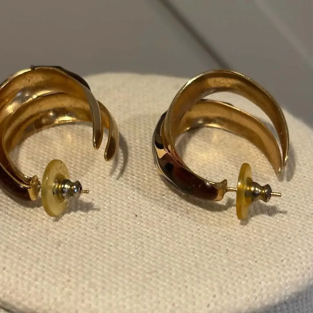 Vintage Gold Tone Earthy Colored Enamel Double Loop Half Hoop Pierced Earrings
